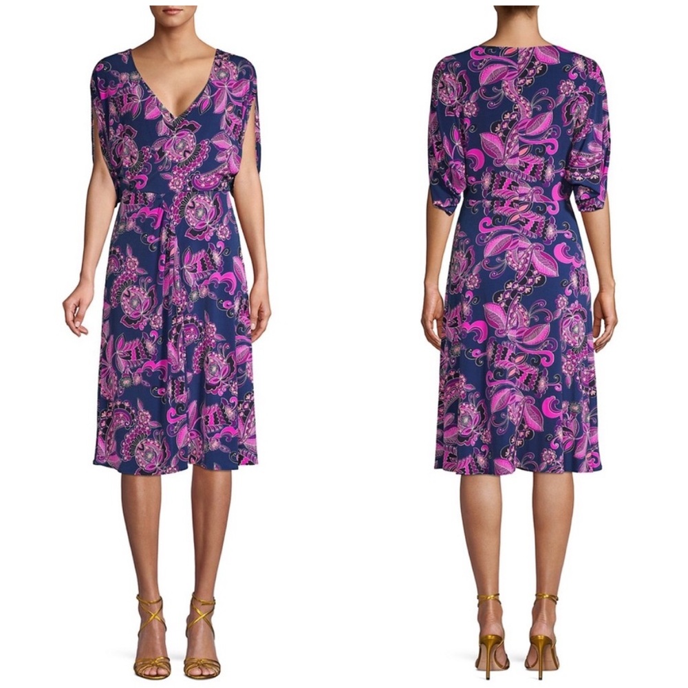Trina Turk Blue and Pink Paisley Dress with Split Sleeves